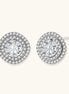 Double halo sterling silver stud earrings with brilliant round moissanite center stones and pavé crystal accents