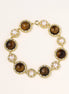 Gold-plated link bracelet with alternating brown tiger's eye stones and white freshwater pearls in ornate bezels.