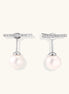 Rhodium-plated sterling silver ear jacket earrings with diamond-set horizontal bar and freshwater pearl drop
