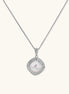 Cushion-shaped double halo pendant with 10mm freshwater pearl center on rhodium-plated sterling silver chain