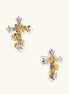 Gold-plated cross earrings with dimensional roses and crystal details on cream background, 18k gold over brass construction.