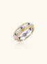 Two-tone ring with brushed silver center, gold beaded edges, and blue zirconia stones on white background.