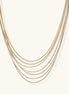 Seven delicate gold-plated snake chains create an elegant layered necklace on a neutral background.