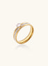Gold-plated double-band ring with center rhinestone solitaire and channel-set stones on white background