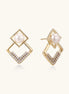 Gold-plated double square frame earrings with freshwater pearl and crystal accents on white background