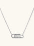 White gold plated necklace with dual-frame geometric pendant featuring crystal pavé border on pale background.