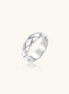 Braided stainless steel band ring with geometric interwoven strands in brushed silver finish on white background