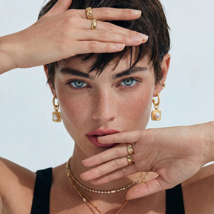 Golden Pearl Drop Hoops by Clarivon